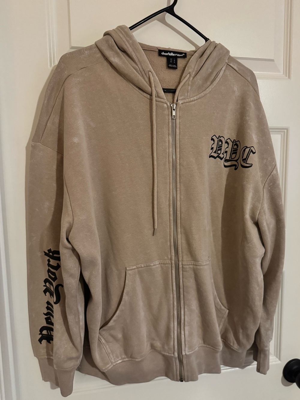 Charlotte Russe Taupe Zip-Up Hoodie with NYC Script